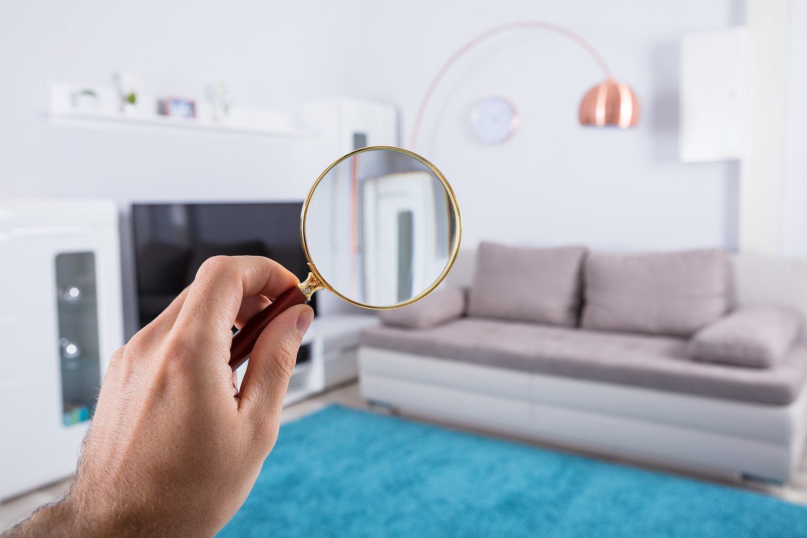 A person is holding a magnifying glass in front of a living room.