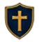 Gold cross on a blue shield emblem