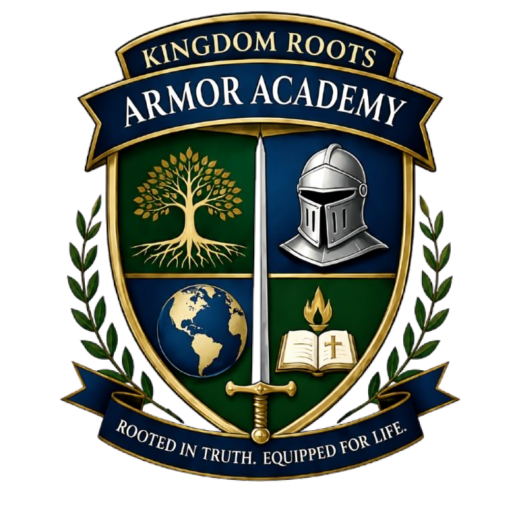 Kingdom Roots Armor Academy crest with tree, knight helmet, globe, Bible, and sword on blue and gold shield