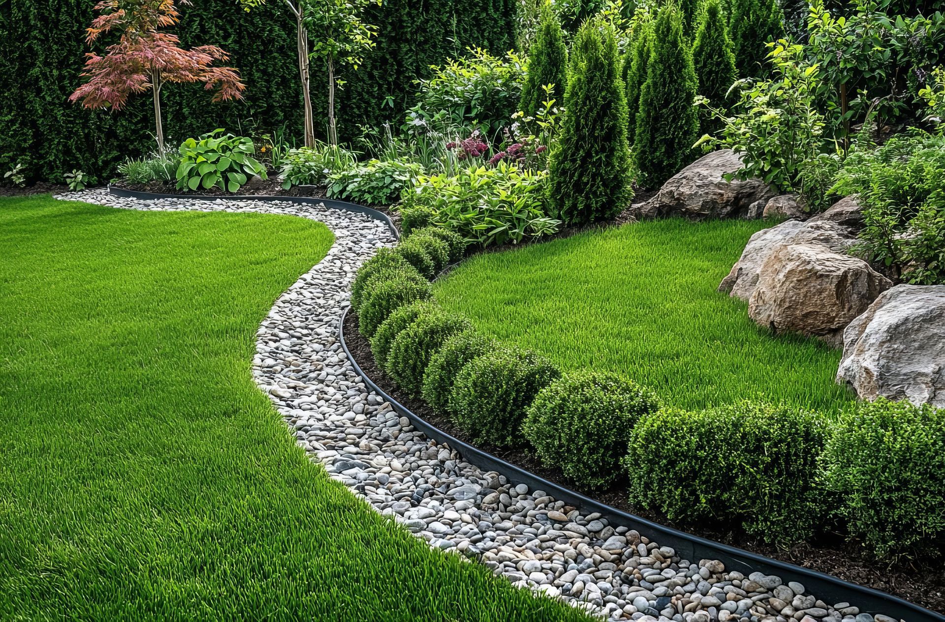 A winding gravel path edged by shrubs in a lush green garden.