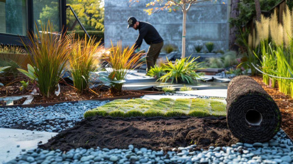 Man laying sod in a garden with plants, gravel, and modern architecture.