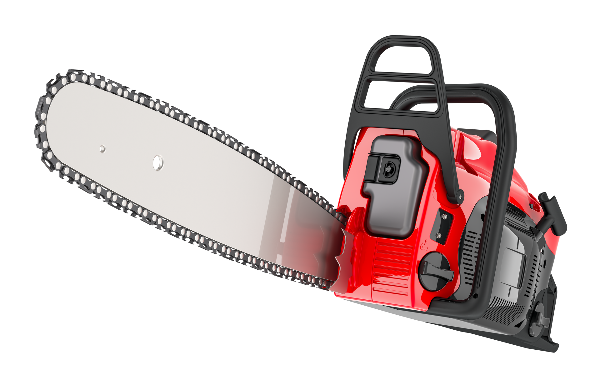 Red and black chainsaw with a silver blade, tilted at an angle against a white background.