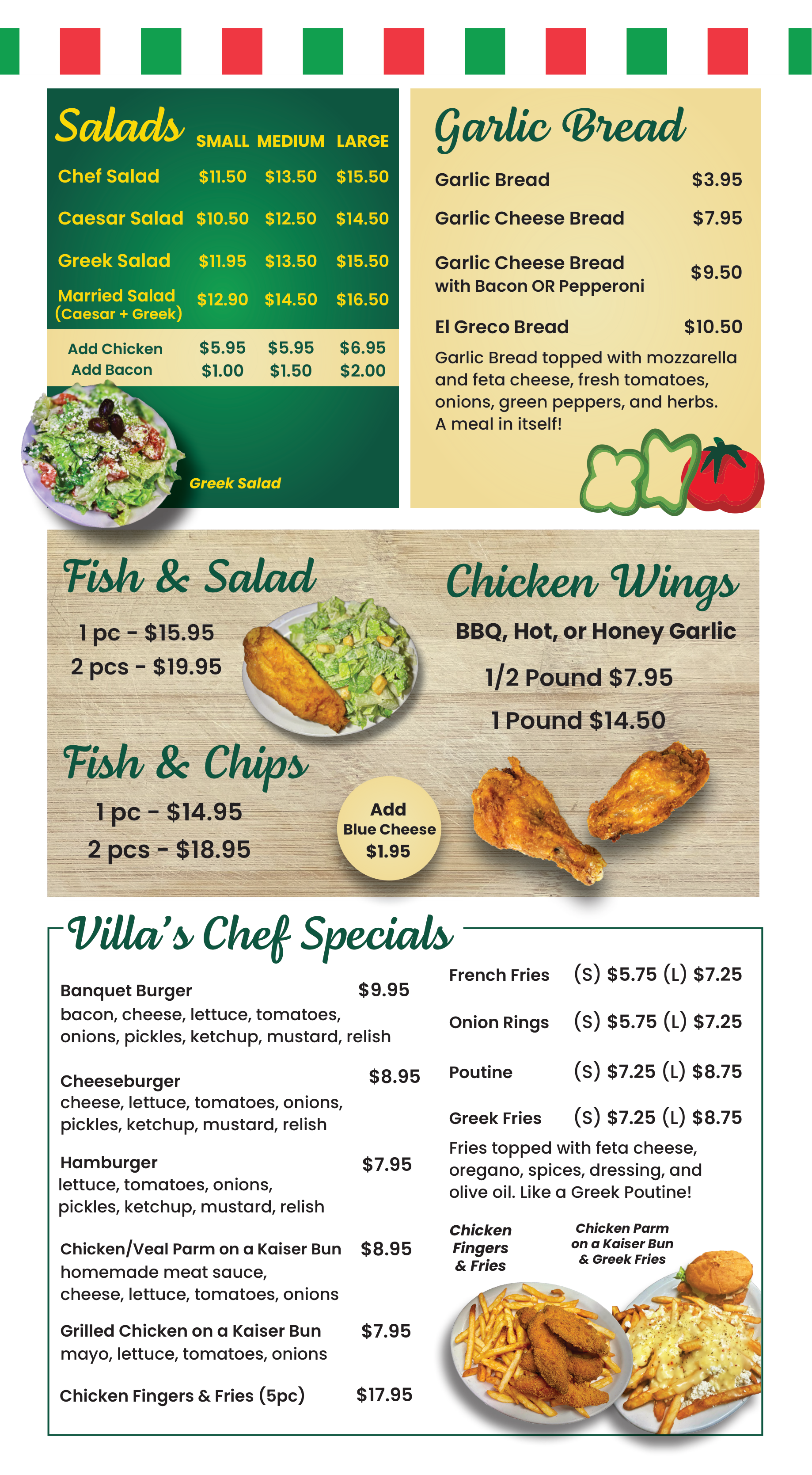 A menu for a restaurant shows fresh salads and garlic bread