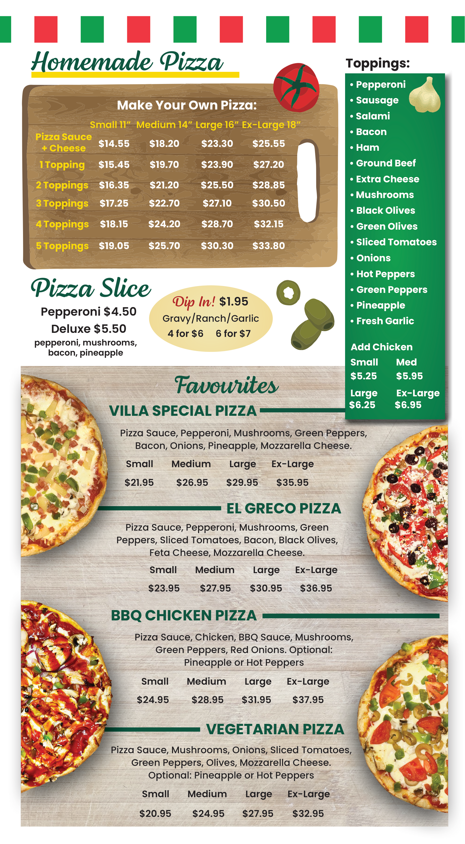 A menu for a restaurant called villa 's delicious homemade pizza