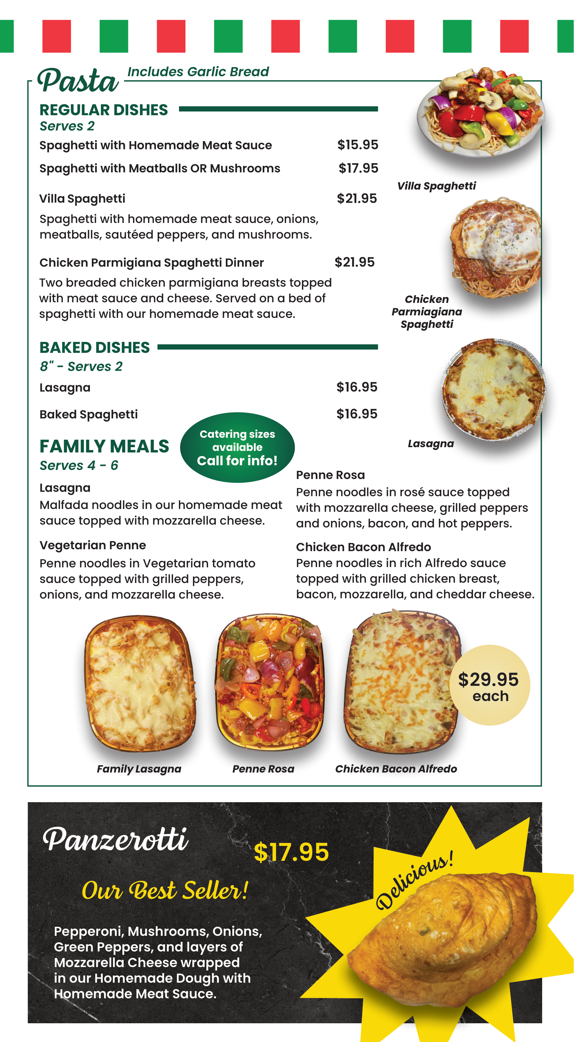 A menu for villa 's chef specials shows chicken wings and pizza