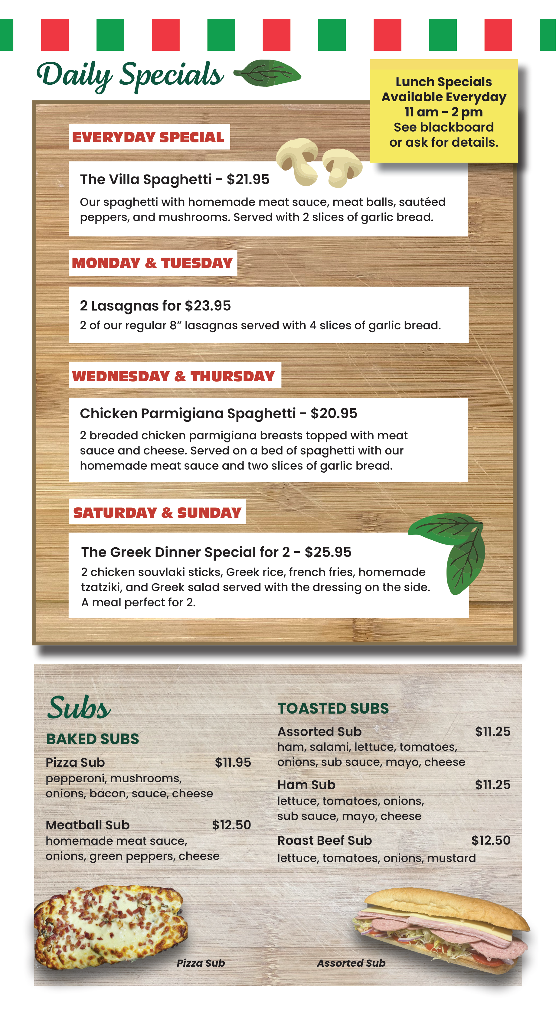 A menu for villa 's chef specials shows chicken wings and pizza