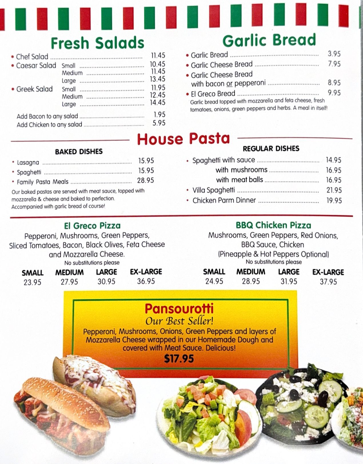 A menu for a restaurant shows fresh salads and garlic bread