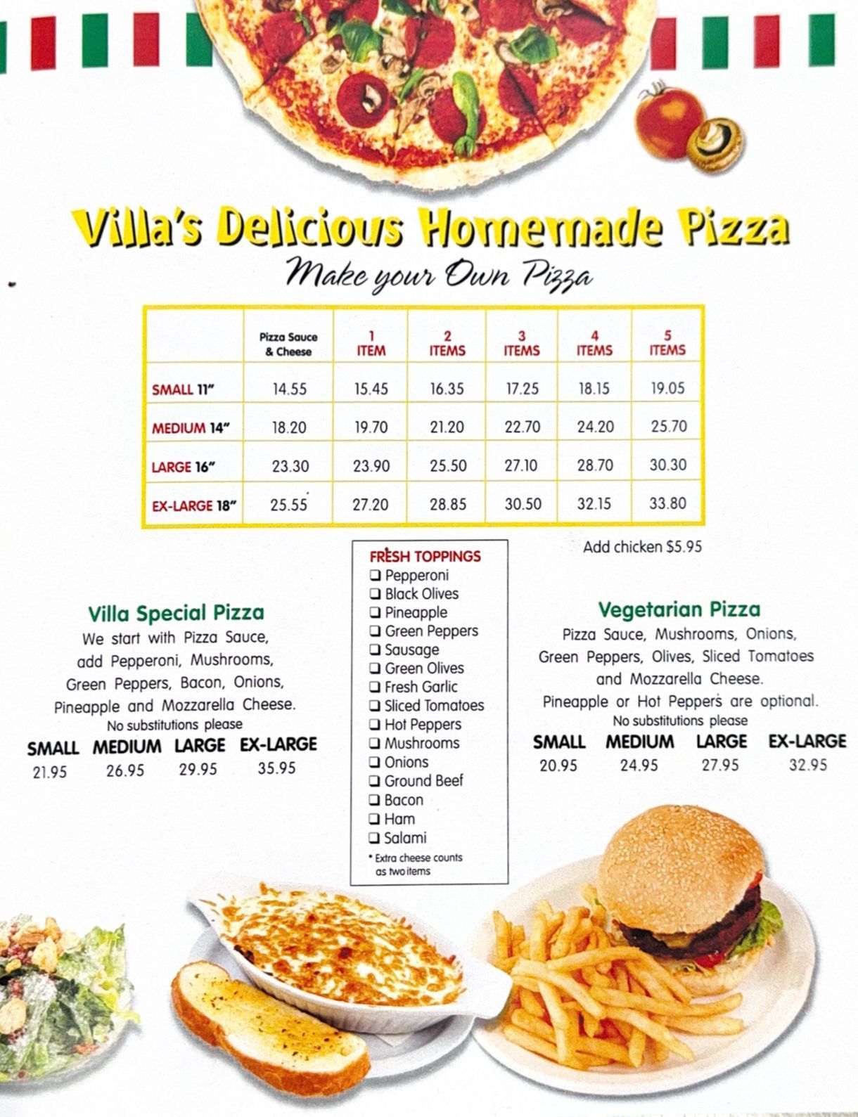 A menu for a restaurant called villa 's delicious homemade pizza