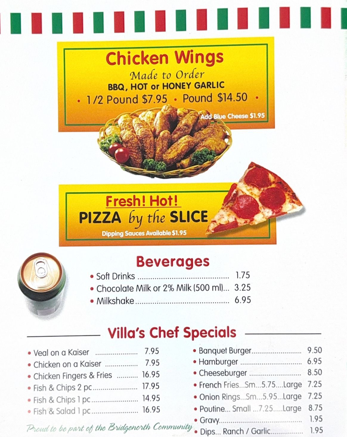 A menu for villa 's chef specials shows chicken wings and pizza