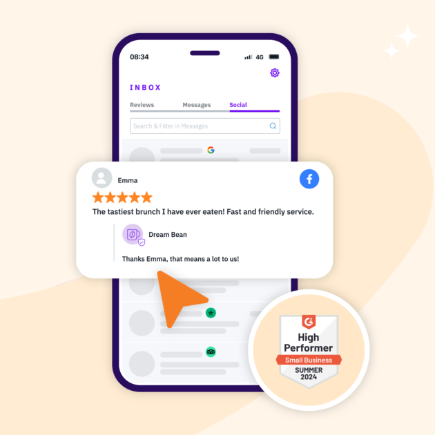 A phone with a review on it and a high performer award