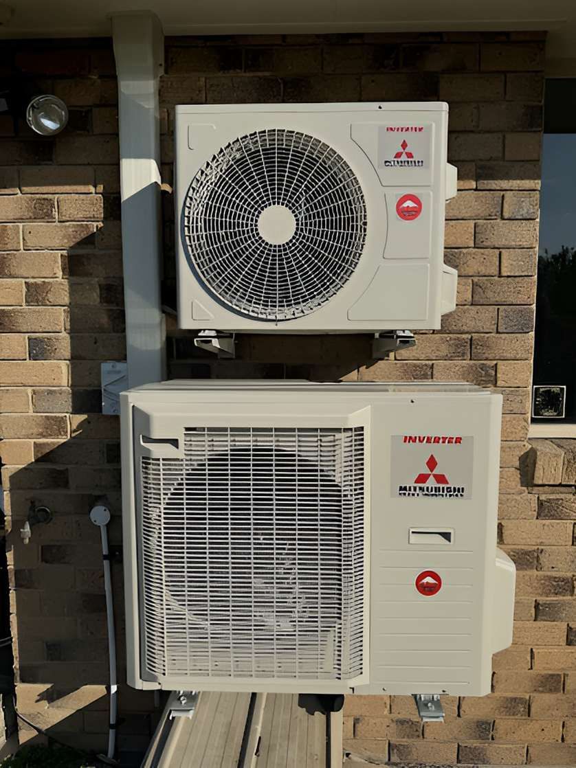 Two Air Conditioners Are Mounted on the Side of a Brick Building — Tec Electrical & Air In Sandgate, QLD