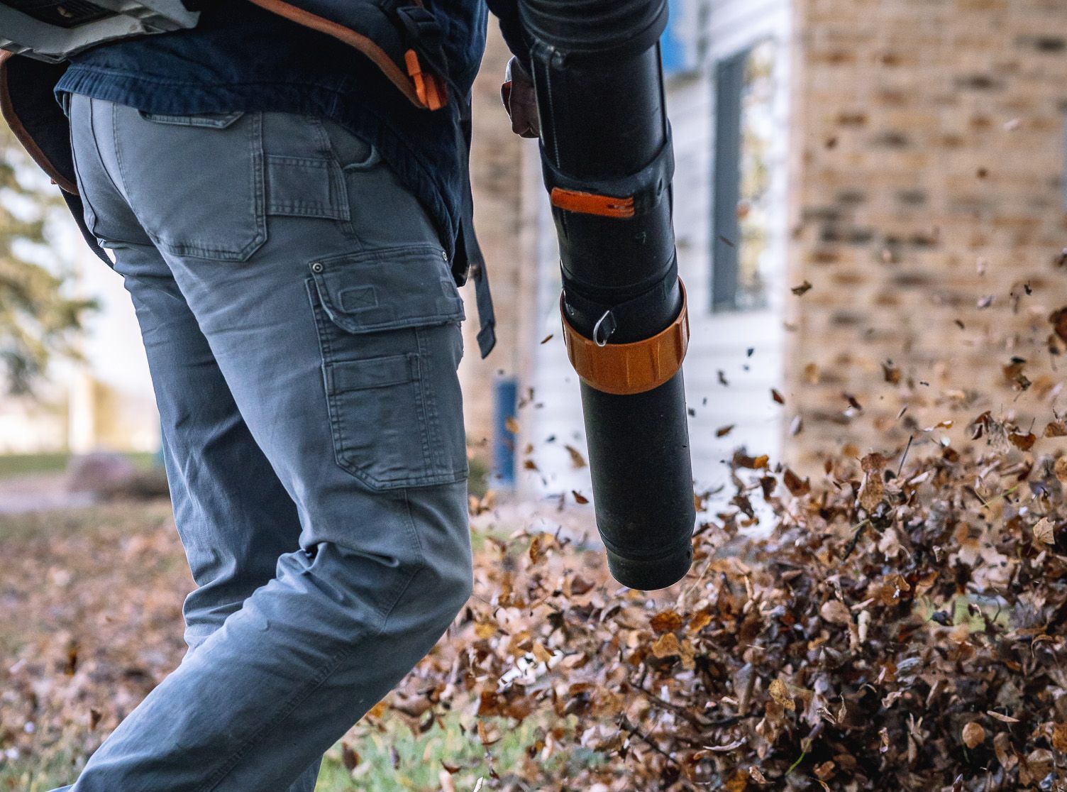 A person is blowing leaves from a pile in a yard.