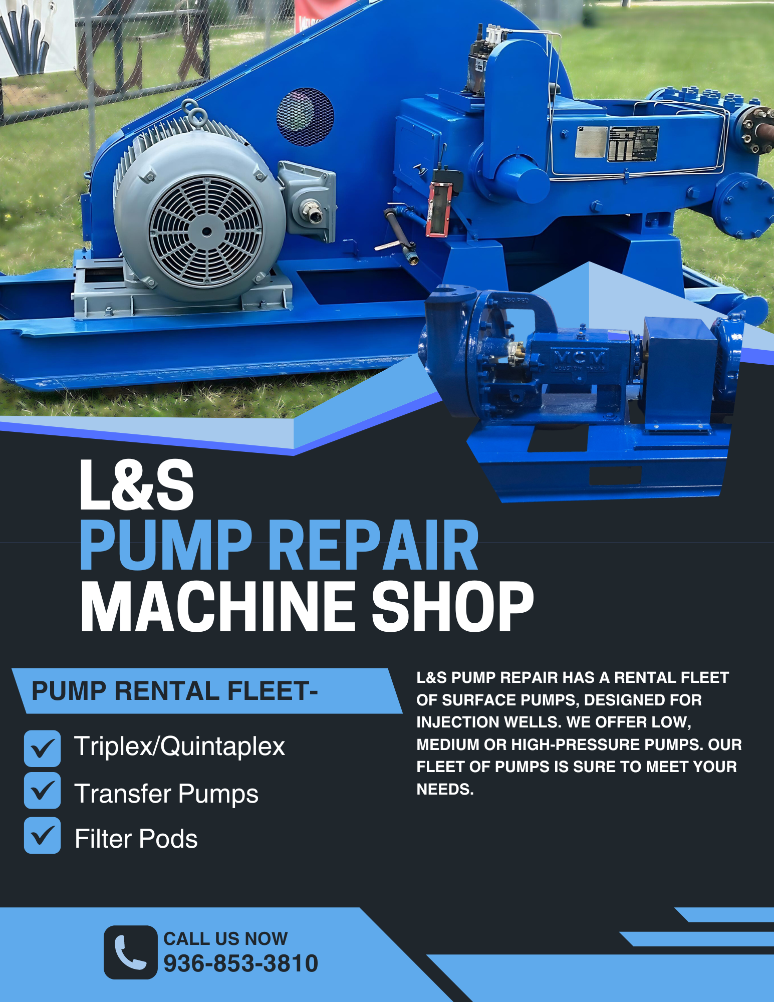 A flyer for l & s pump repair machine shop