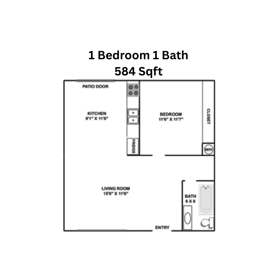 Floor plan of a 1-bedroom, 1-bath apartment with kitchen, living room, bedroom, and bath.