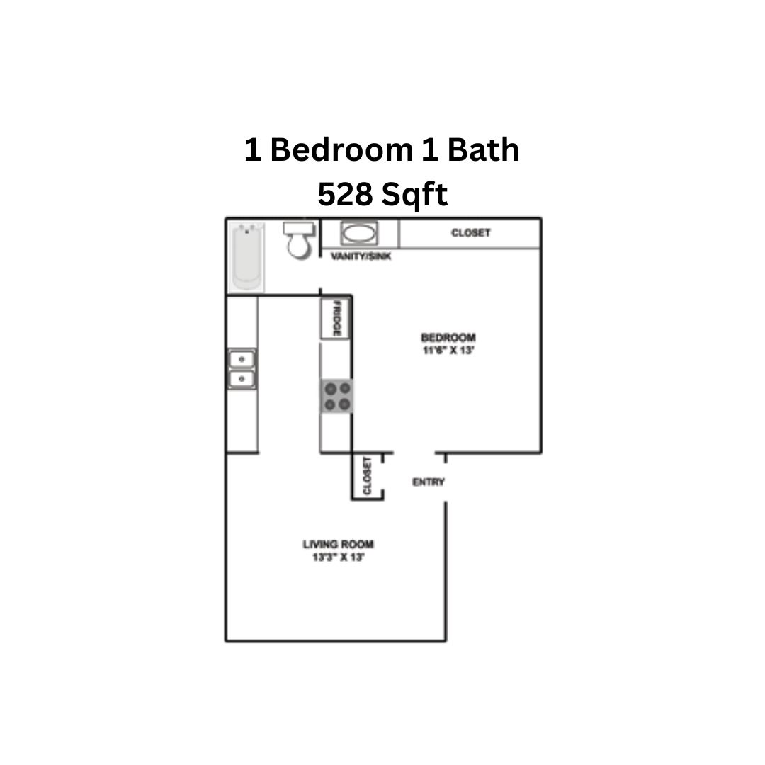 Floor plan of a 1-bedroom, 1-bath apartment, 528 sqft. Includes living room, bedroom, kitchen, and bathroom.