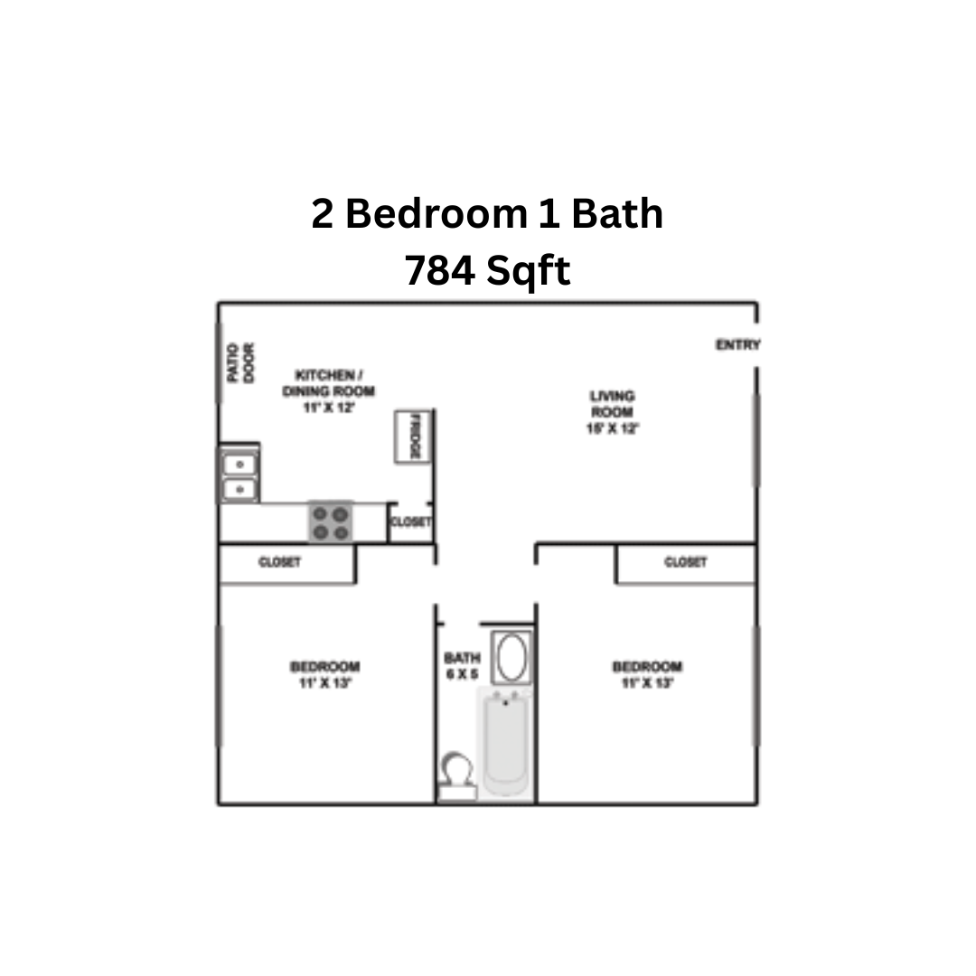 Floor plan of a 2-bedroom, 1-bath apartment with kitchen, dining room, living room, and closets.