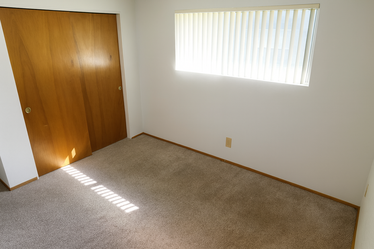 Empty bedroom with beige carpet, closed wood closet, and window with blinds.