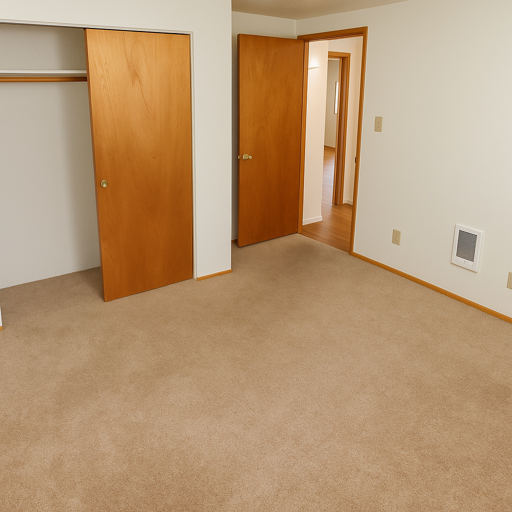 Empty bedroom with beige carpet, wooden doors, and a closet.