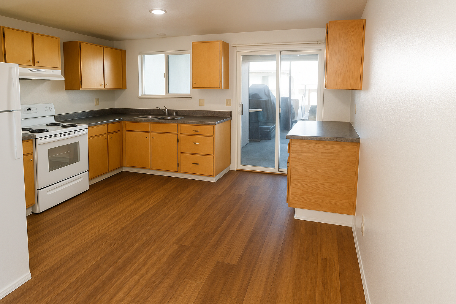 Kitchen with wooden cabinets, countertops, and flooring; includes a white refrigerator and stove, and sliding glass door.