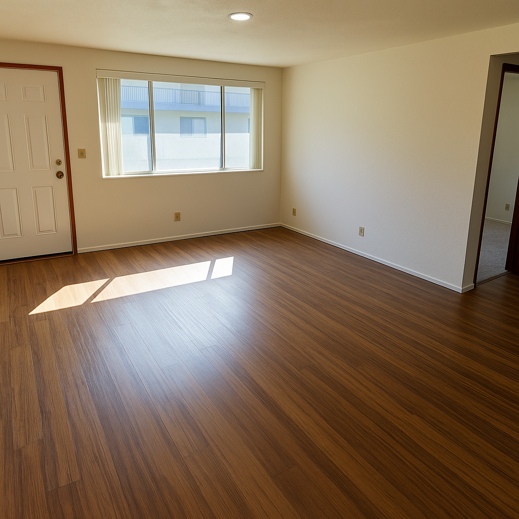 Empty living room with hardwood floors, window, and a doorway. Sunlight streams in.