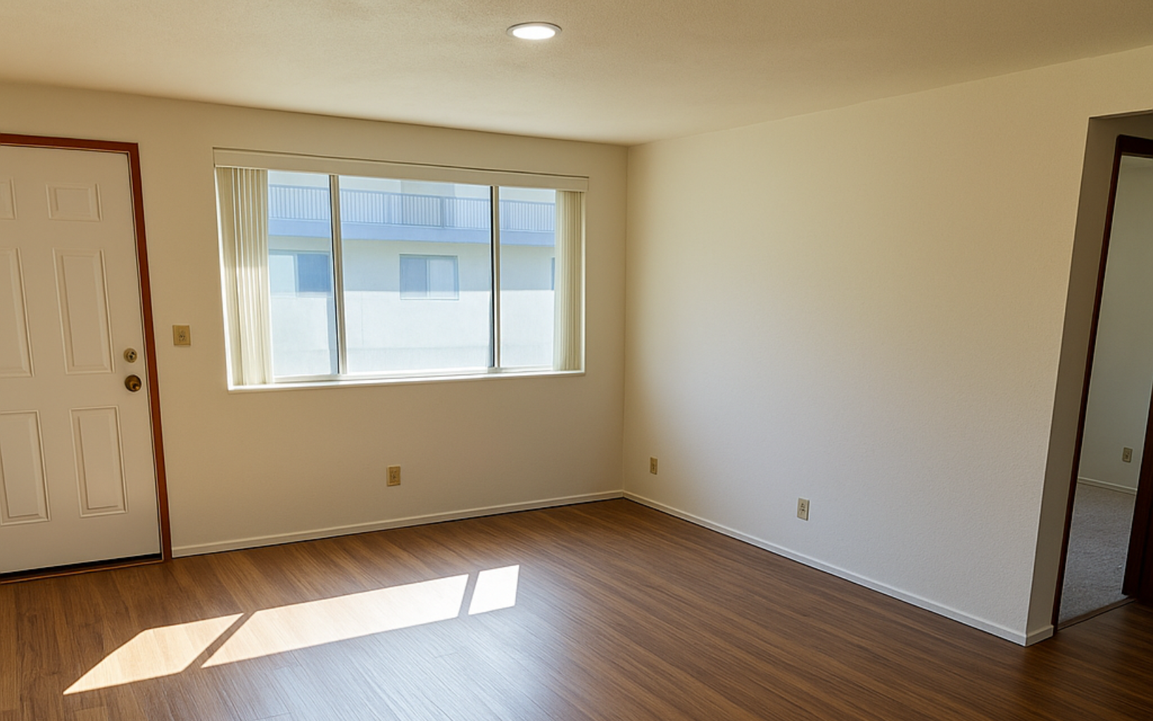 Empty living room with wooden floors, window, white door, and an open doorway to another room.