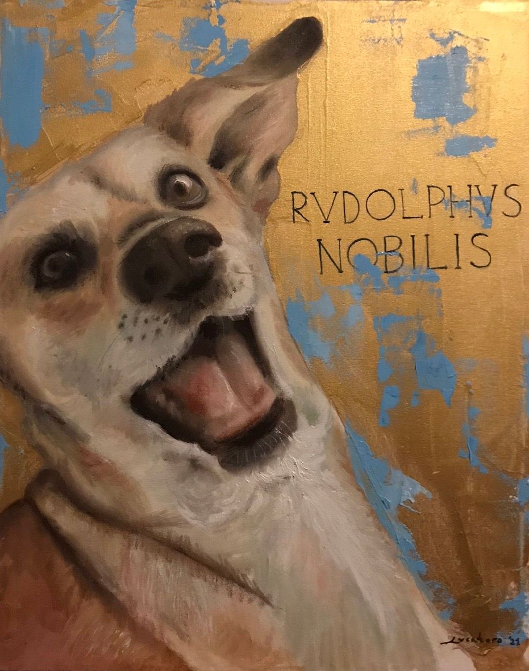 Pintura al óleo de un perro sorprendido con un solo ojo. Fondo dorado con pinceladas azules. Texto: «Rudolphys Nobilis».