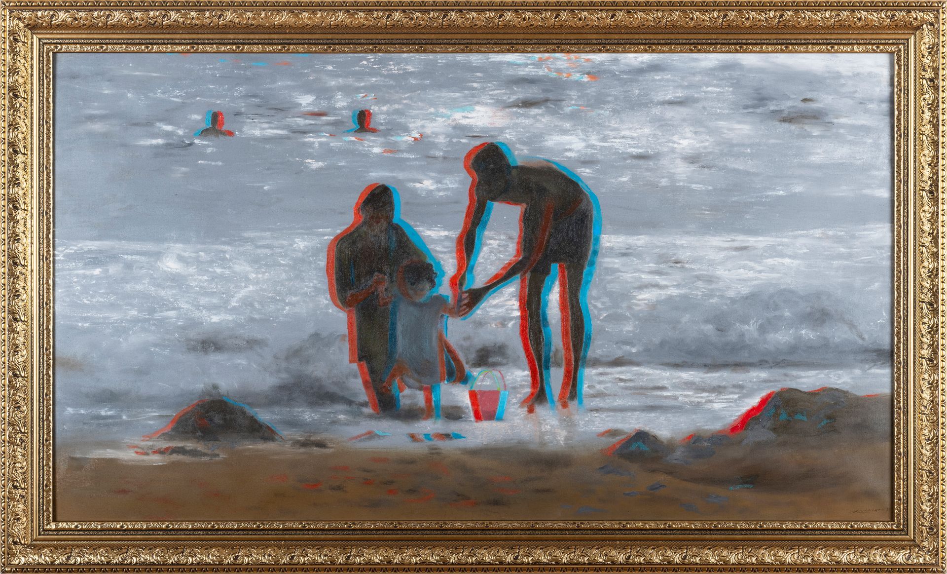 Anaglifo 3D de figuras junto al océano, unas ayudándose entre sí. El agua tiene tres bañistas a lo lejos.