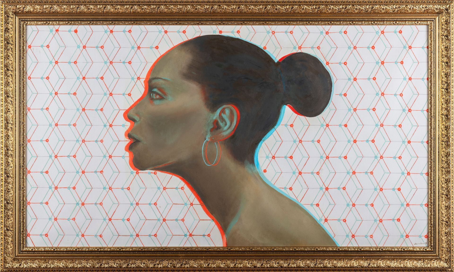 Perfil de mujer con efecto 3D rojo y azul, peinado con moño y fondo geométrico. Enmarcado.