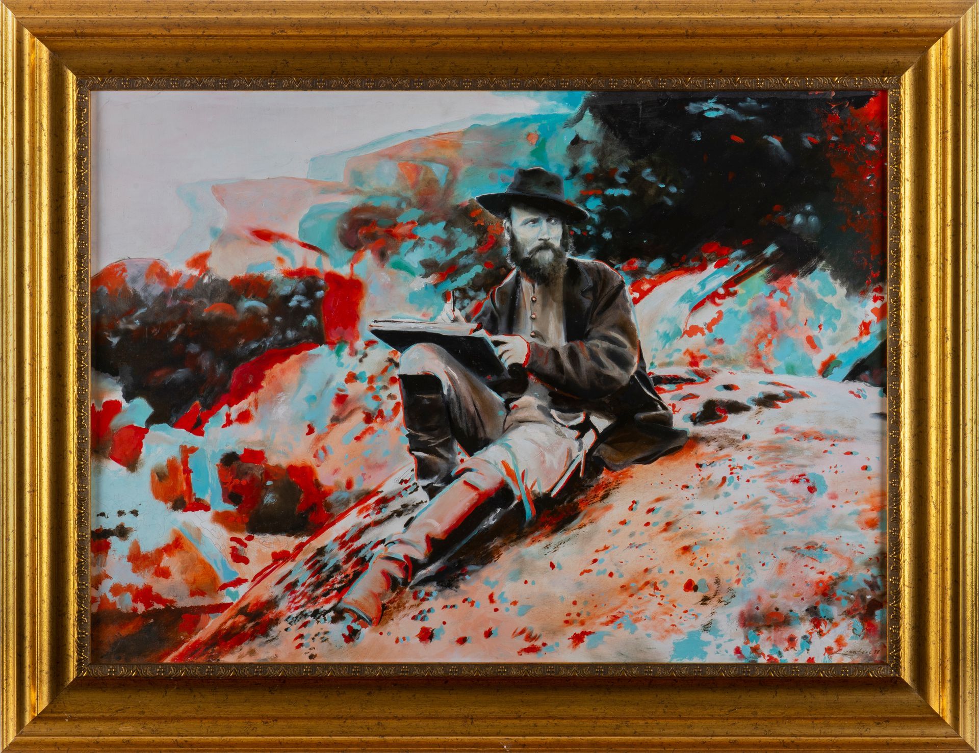 Hombre con barba sentado sobre rocas, dibujando, con sombrero. Efecto 3D rojo/cian, enmarcado en oro.