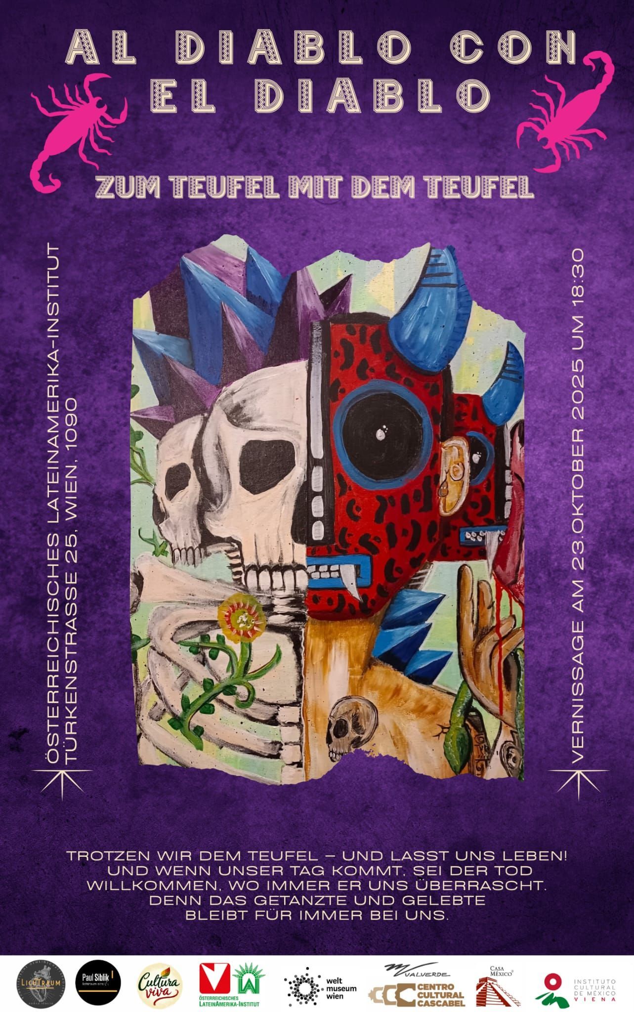 Póster: Mitad calavera, mitad arte colorido. 