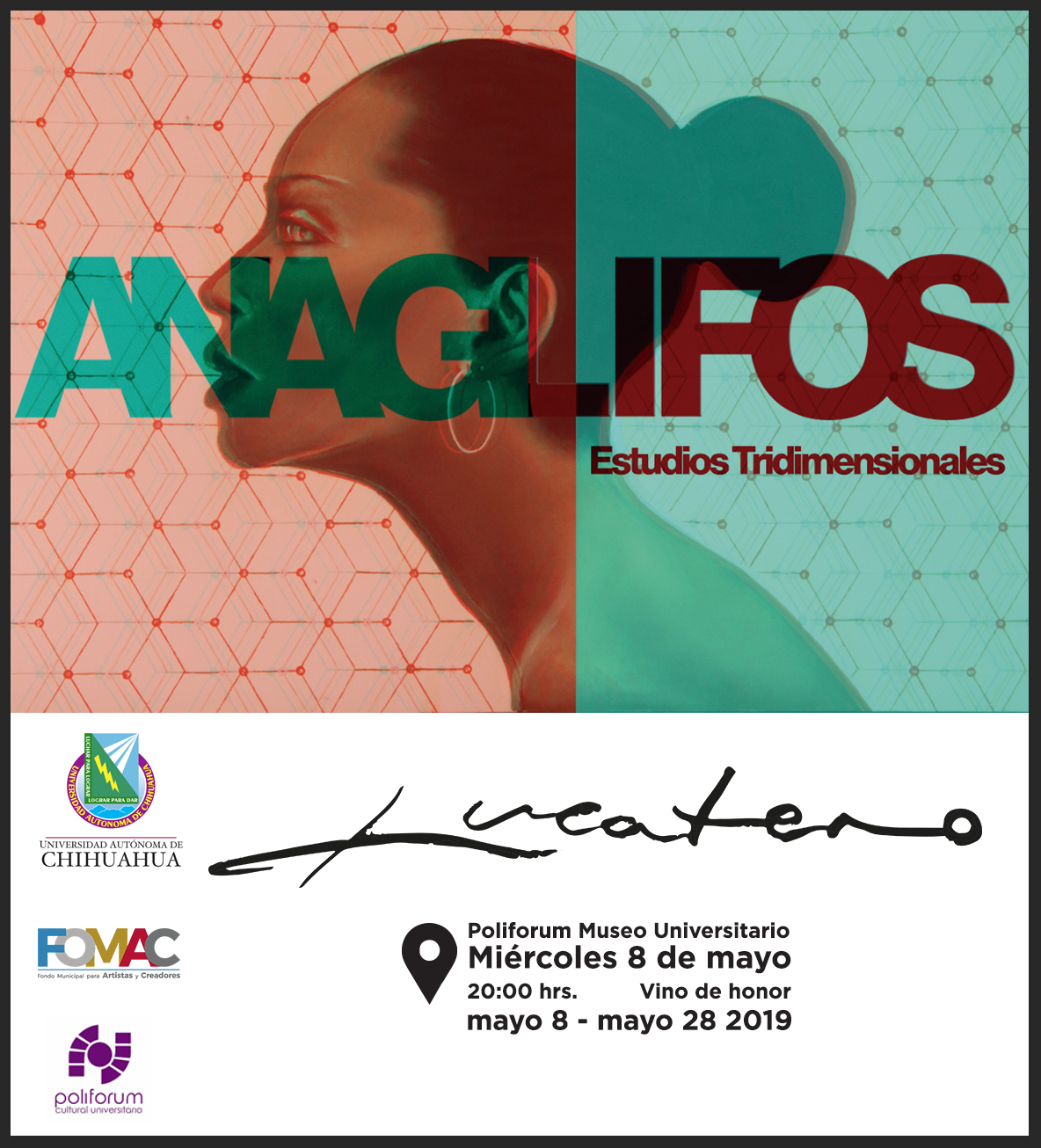 Cartel publicitario de la exposición “Anaglifos”, donde se muestra el perfil de una mujer, fechas y lugar de celebración.