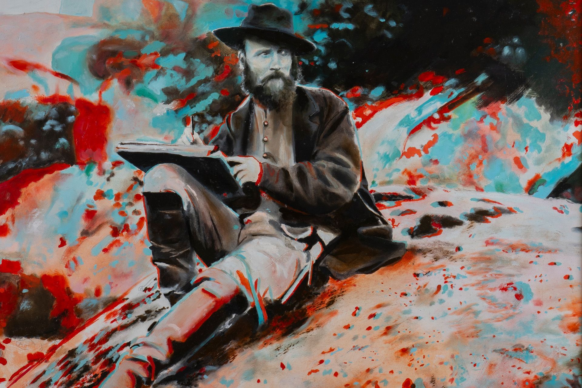 Pintura tridimensional de un hombre con barba y sombrero se sienta a dibujar al aire libre.