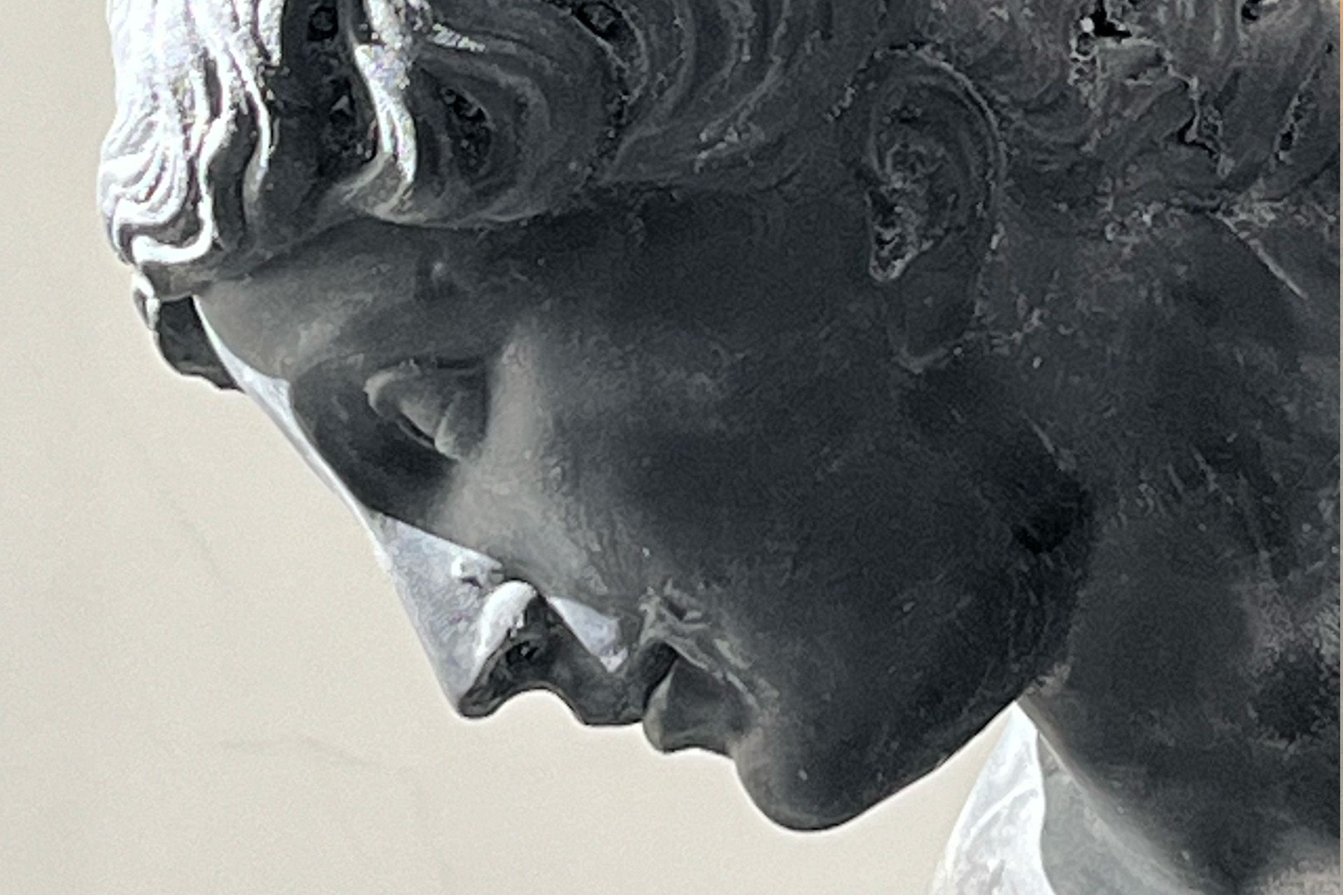 Primer plano de una cabeza de estatua de gaucho de perfil, mirando hacia abajo, con sombras visibles.