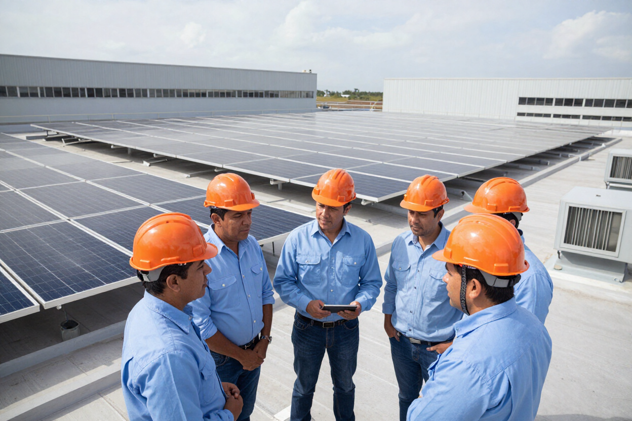 Techo industrial con paneles solares y equipo técnico