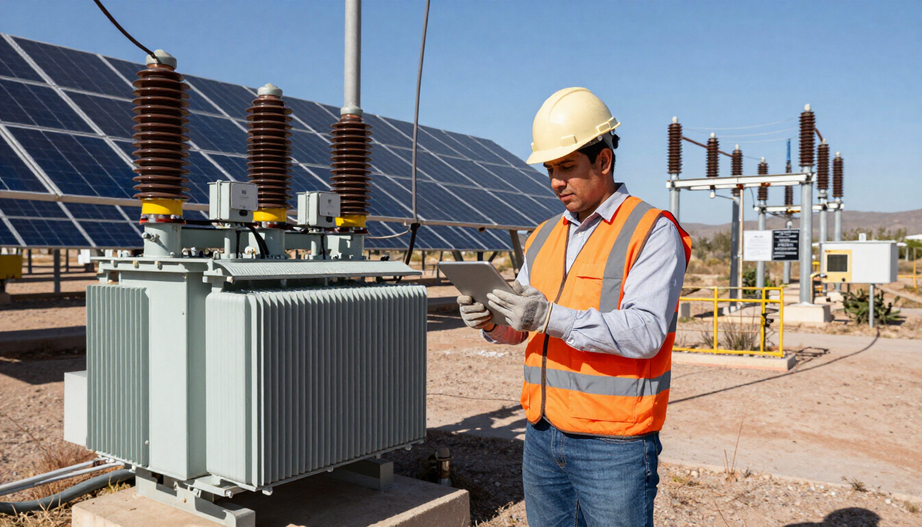 Técnico industrial en sitio revisando infraestructura energética
