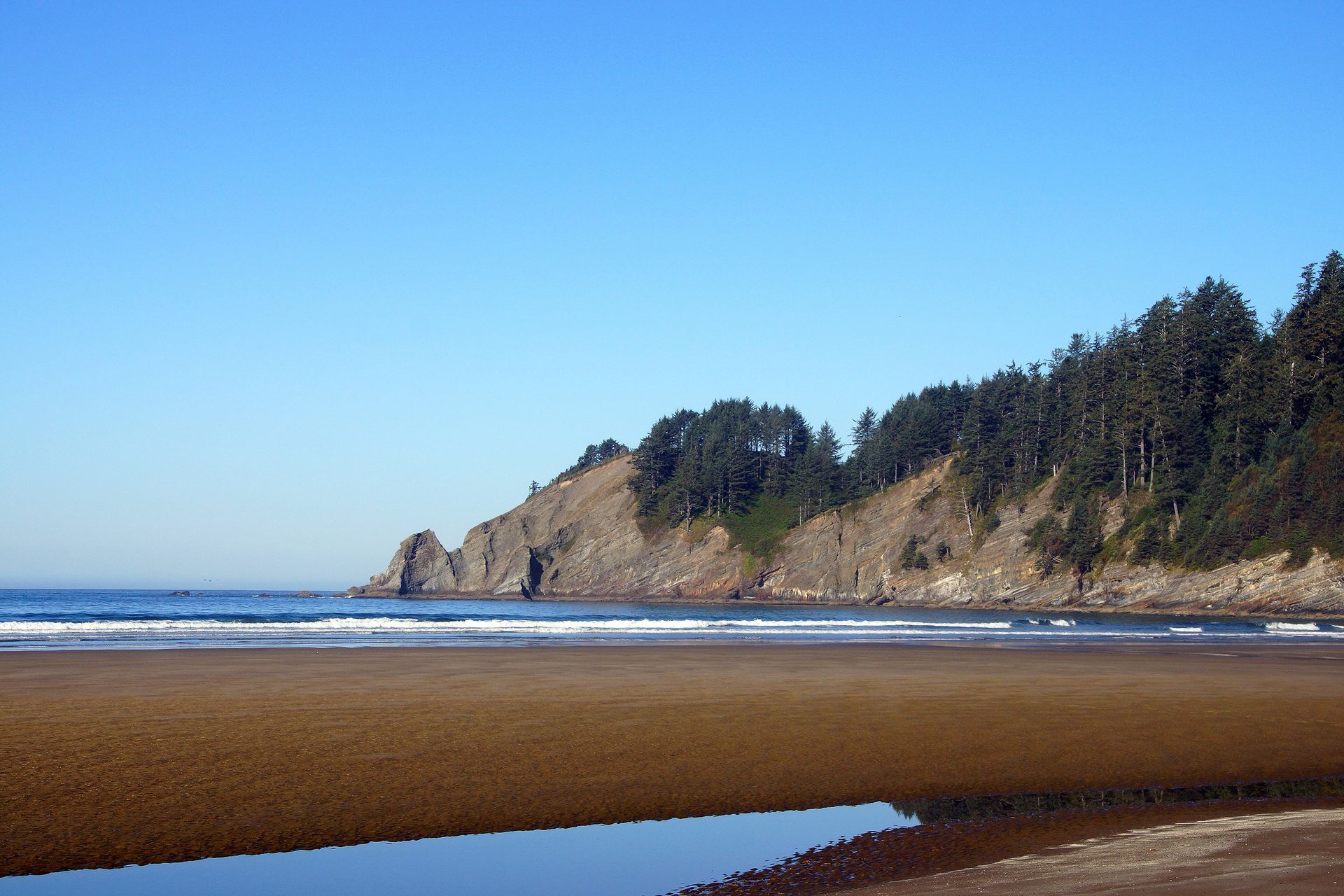 Sandy beach with calm water, rocky cliffs covered in trees under a clear blue sky.