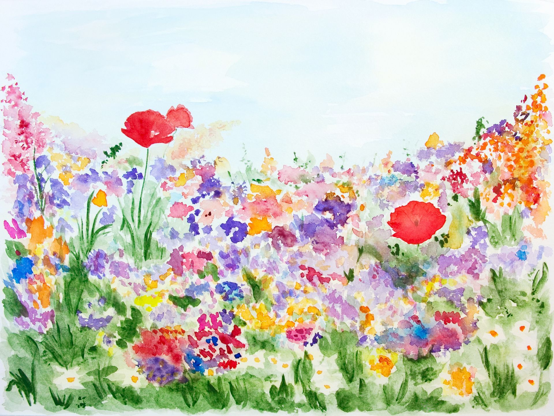 A watercolor painting of a field of colorful flowers.