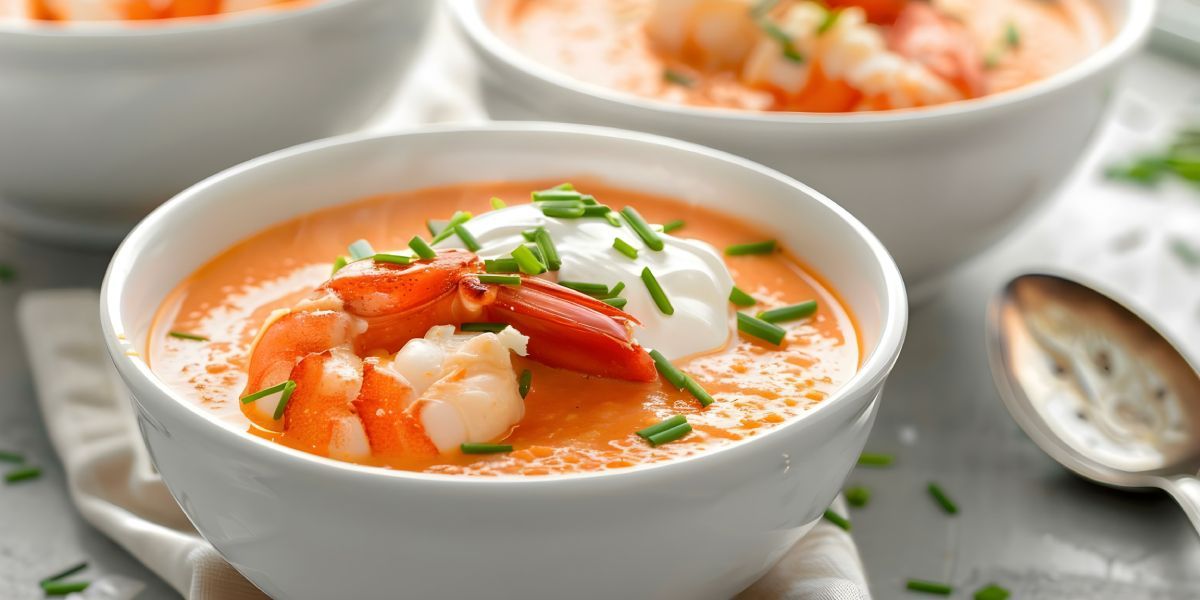 A bowl of soup with shrimp and sour cream on top.