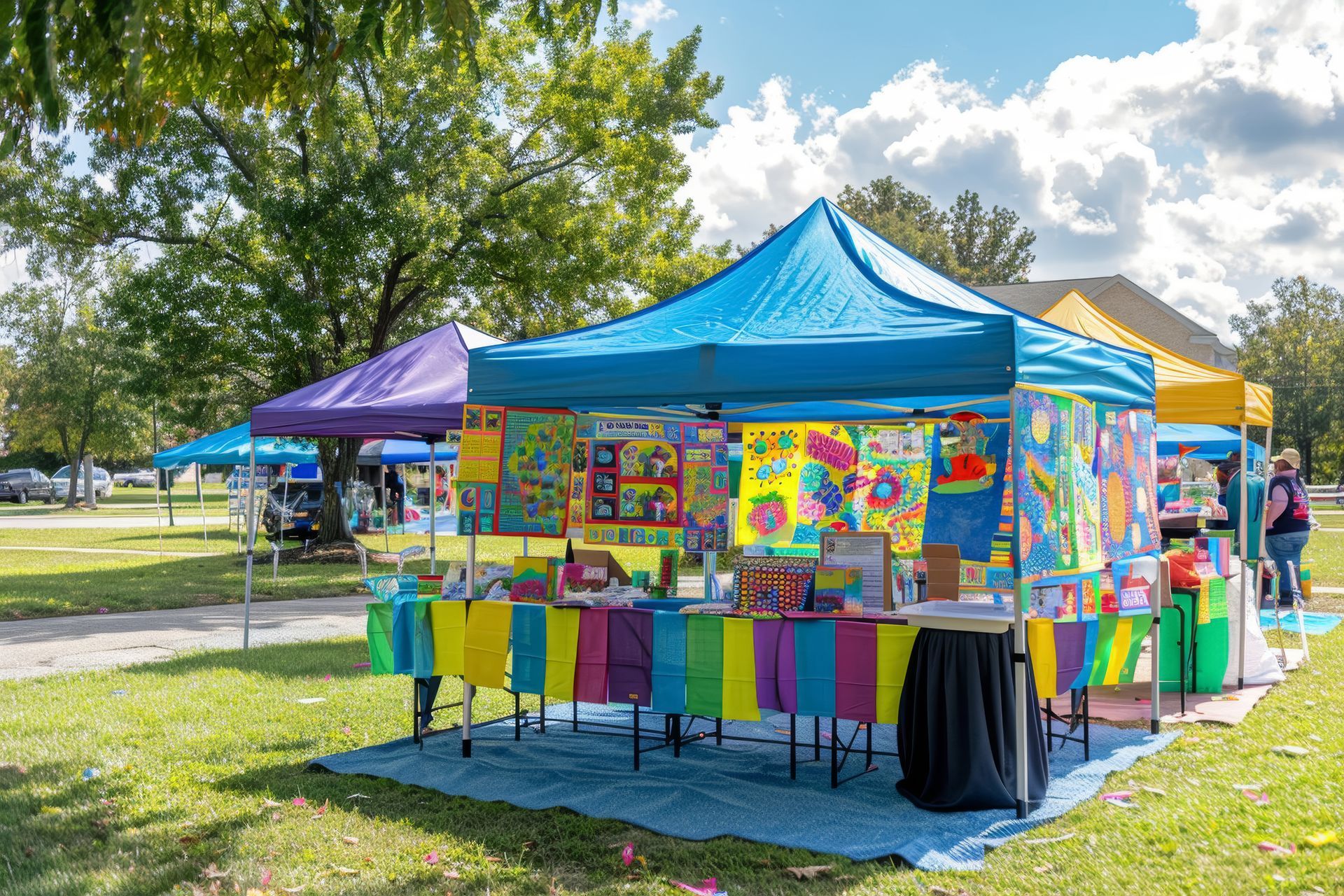 A colorful tent is sitting in the middle of a park.