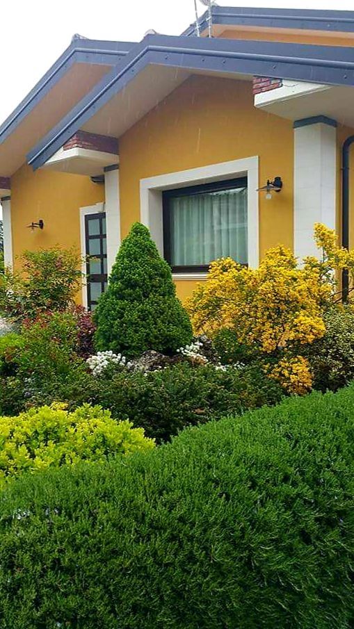 Casa gialla con giardino ben curato; un cespuglio triangolare è il punto focale centrale.