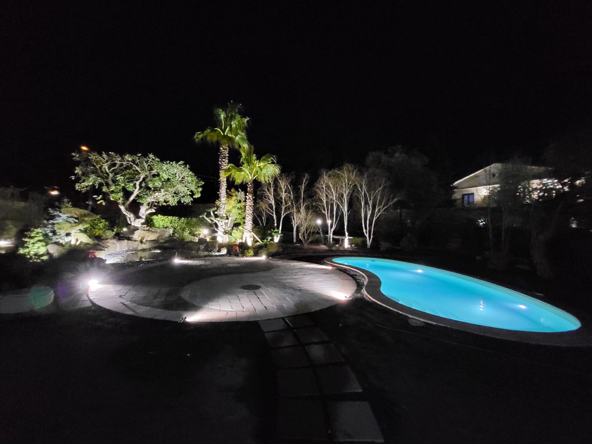 Vista notturna di una piscina con giardino illuminato, alberi e una casa sullo sfondo. La piscina è blu.