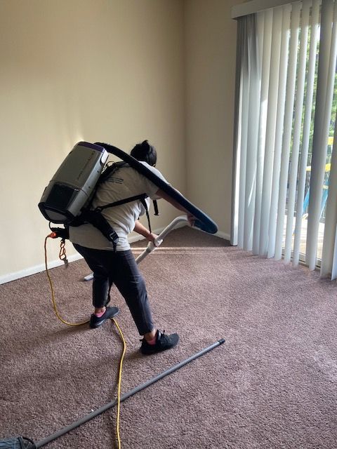 A person is cleaning a carpet with a vacuum cleaner.