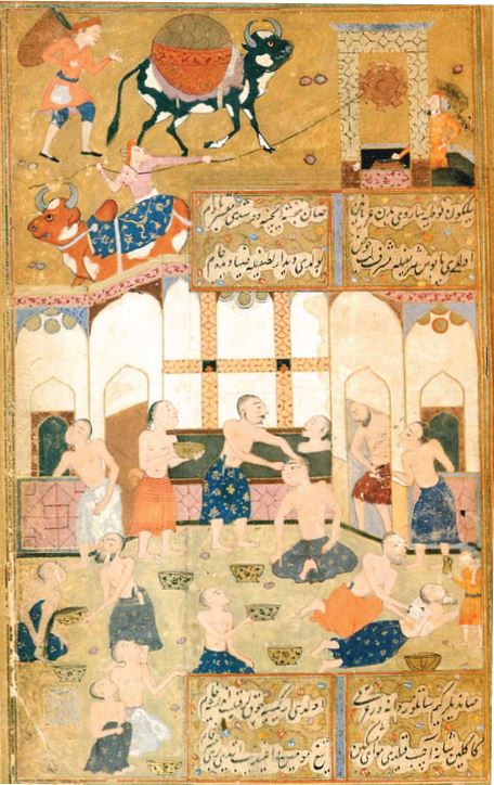 In the bathhouse (ḥammām). Miniature from a 16th-century Persian manuscript.