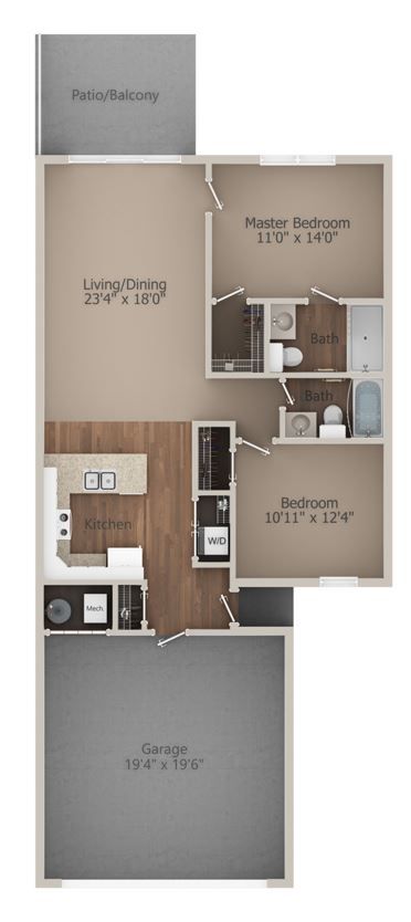 Floor plan of a two-bedroom apartment with a garage and patio.