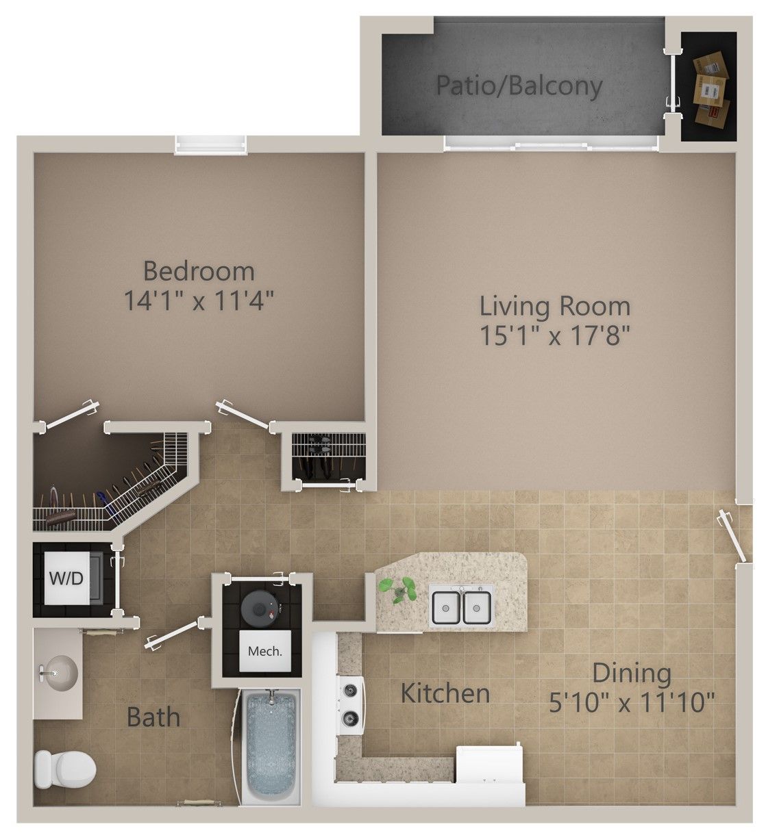 Apartment floor plan with bedroom, living room, kitchen, dining area, bathroom, and balcony.