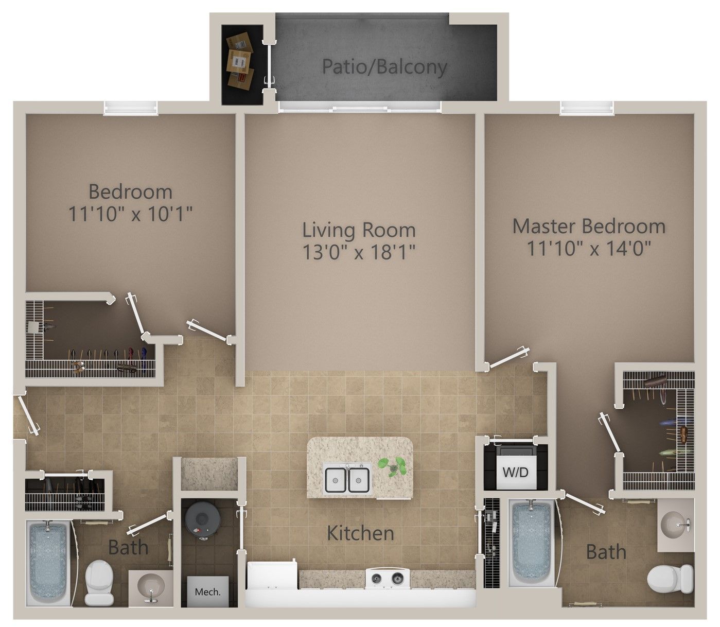 Floor plan of a two-bedroom apartment with a living room, kitchen, two bathrooms, and a patio/balcony.