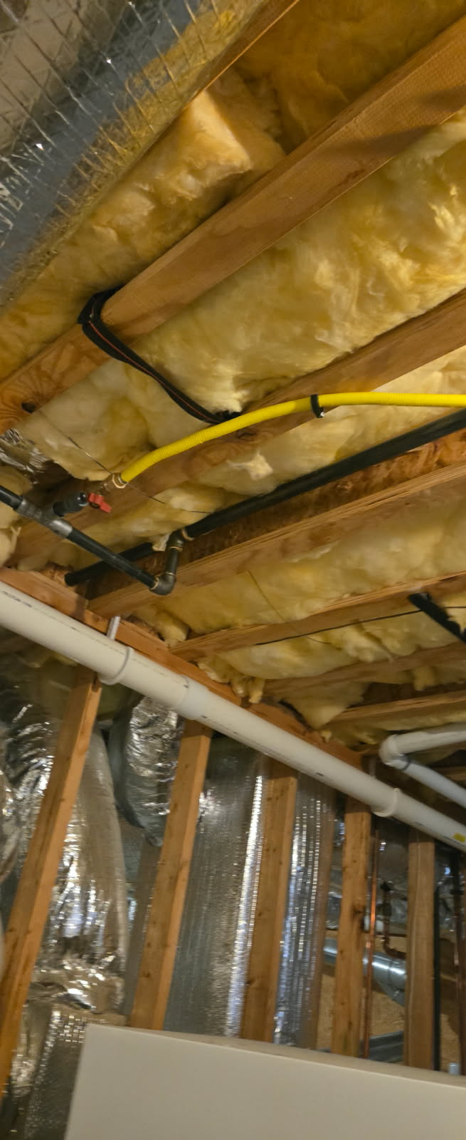 View of plumbing, electrical wiring, insulation, and ductwork in a ceiling.