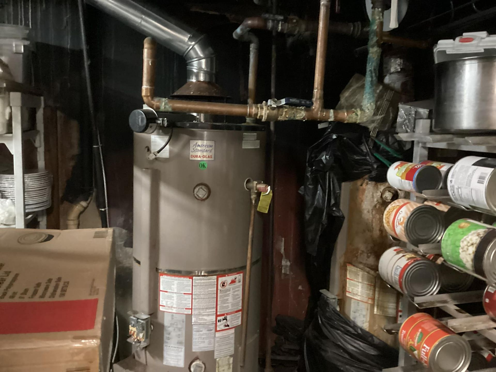 A water heater is sitting in a basement surrounded by cans.