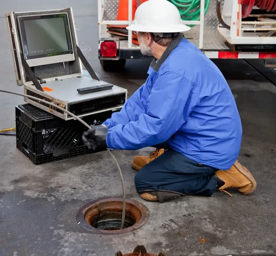 A man in a hard hat is kneeling down next to a hole in the ground
