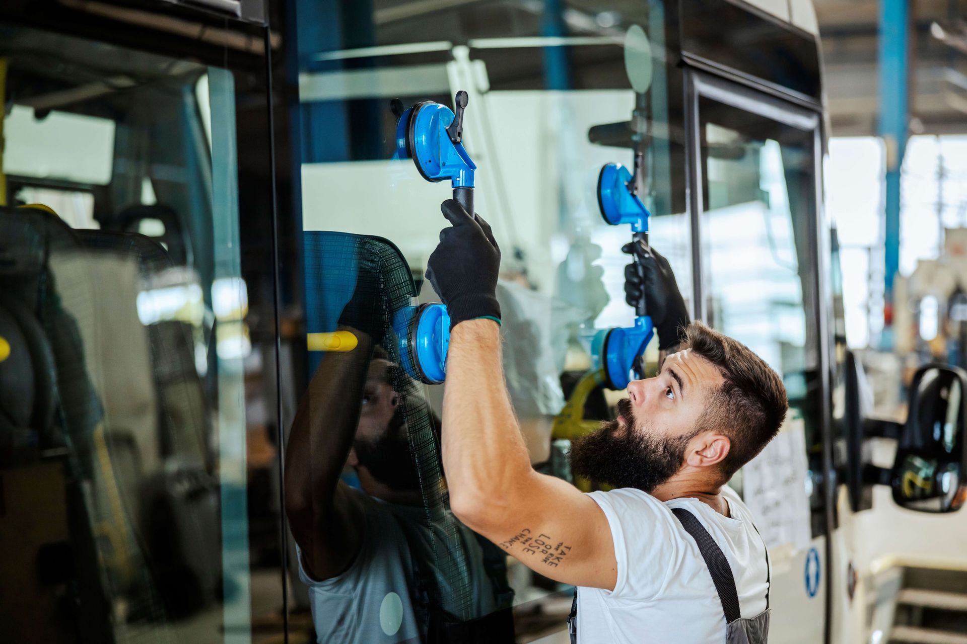 windshield installation in progress.